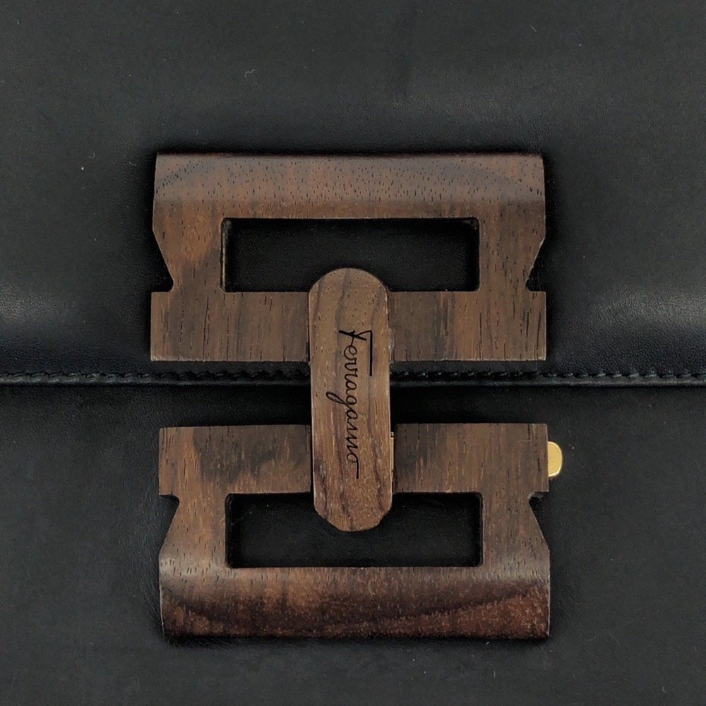 Salvatore Ferragamo Black Gold Hardware Leather Wood Shoulder Bag Messenger W... - Picture 5 of 10